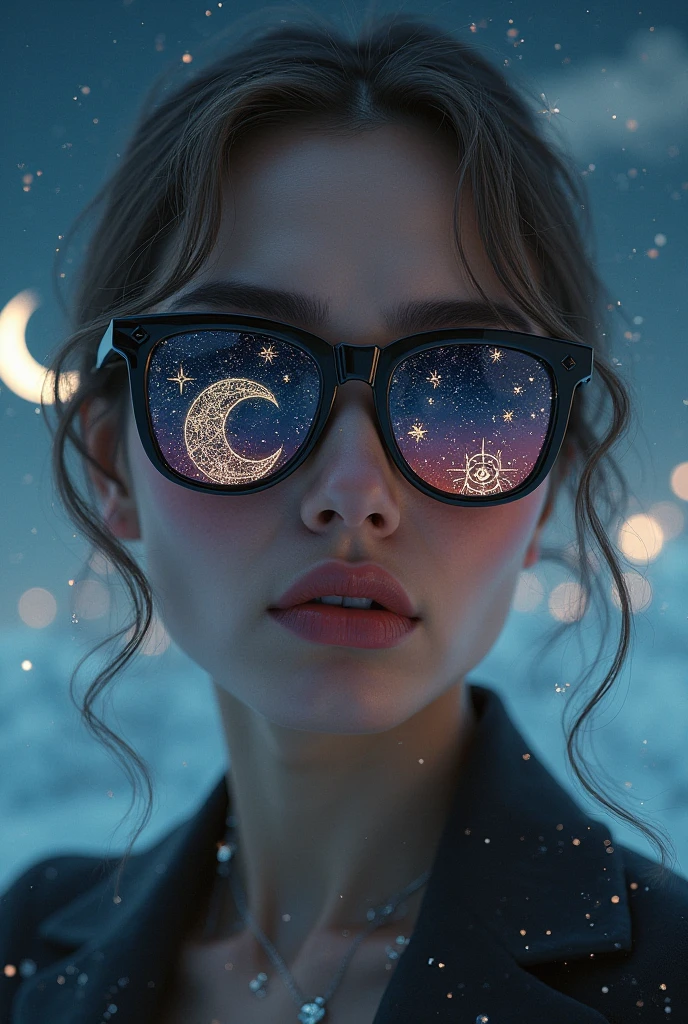 Model wearing glass sunglasses，There are stars and moon on the lens