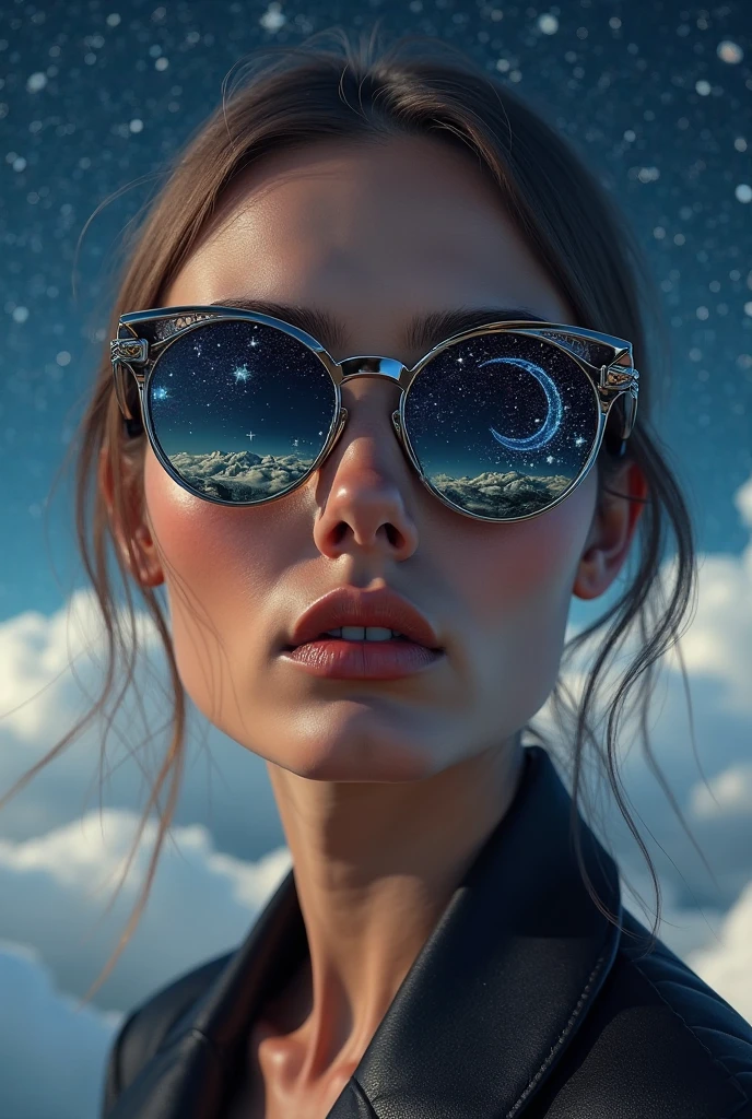 Model wearing glass sunglasses,There are stars and moon on the lens