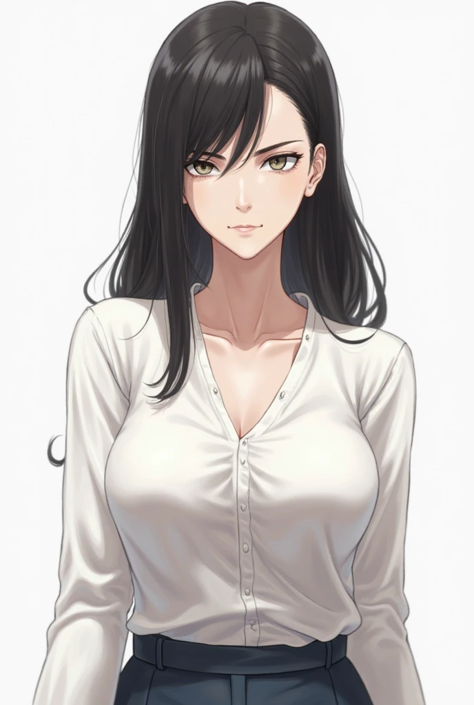 20 year old western college woman serious with dark expression and sexy frown she has long and very dark hair, with a few purple highlights she has a loose bun. Eyes in a dark brown shade, wear clothes in neutral colors, usually makes a play with black and gray and white details, It has a kind of dark academia style, with visible neckline, no back ground, graphic novel art style
