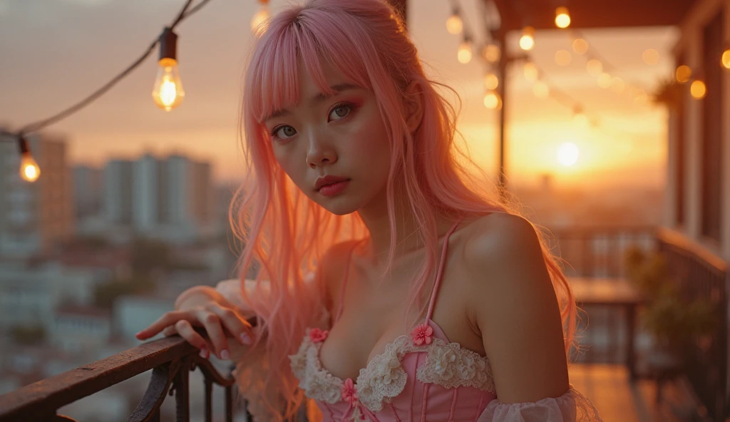 1 girl in, unique, Nino Nino, Pink hair, Butterfly hair decoration, (topless:1.3), (white square),, Breast cleavage, thighs thighs thighs, Cafe background, (Blush red:1.3), Opening the legs