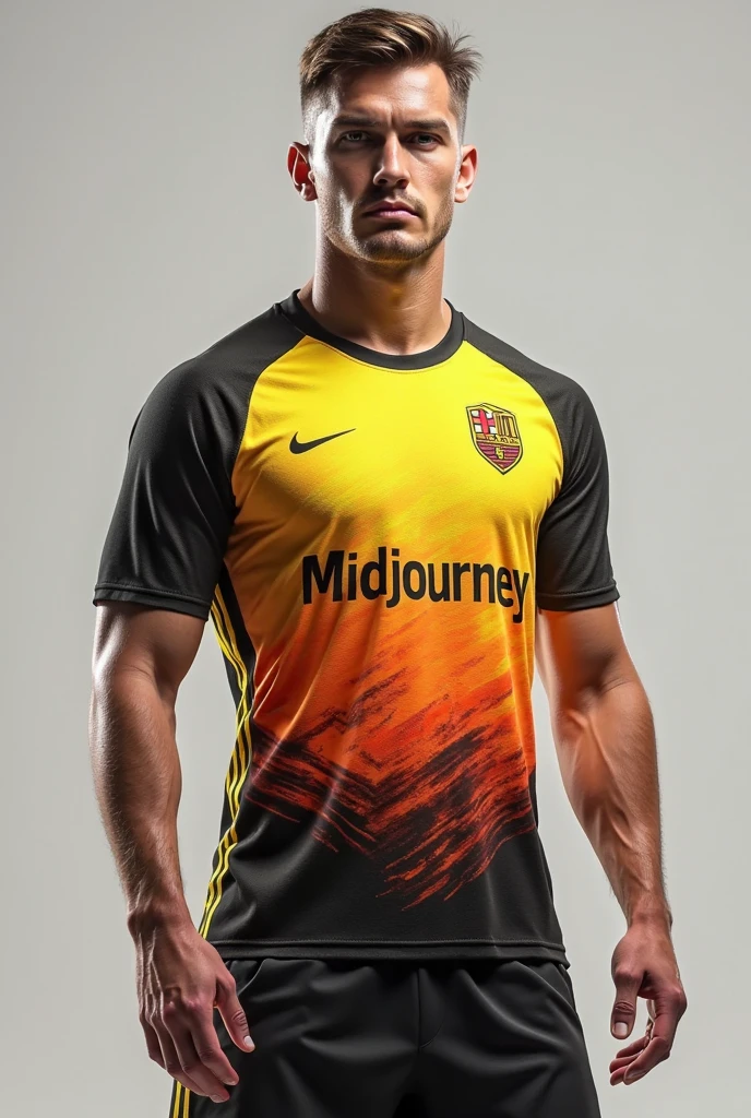 Custom soccer uniform with dark blue primary color ,orange secondary color and black shorts with a shield on the chest that says bela vista