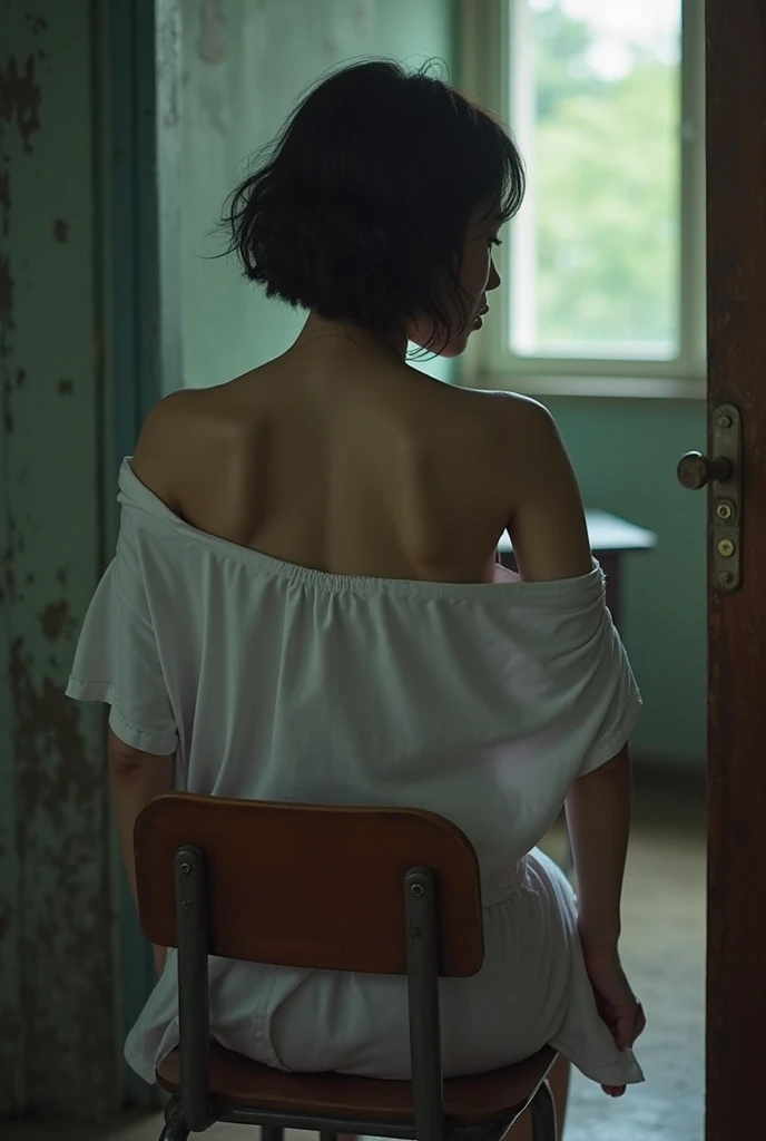 A young woman with long black hair, her back to the viewer, sits on the floor of a sunlit bedroom. Sunlight streams in through the blinds. She is topless, wearing only an open white shirt. Her back is illuminated, with sharp shadows coming from the blinds. She is reading a book, To her right is a desk with art supplies, to her left is a bed, on the walls of the room are several paintings and a bookshelf with books and a houseplant, beautiful lighting, hyperreal, masterpiece, best quality, (best quality), (best shadow), absurd, realistic lighting, beautiful detailed glow, soft morning light. hyperrealism, morning, hyperrealism, early morning, morning mood, late morning, photography, early morning, early morning, morning light, morning weather.