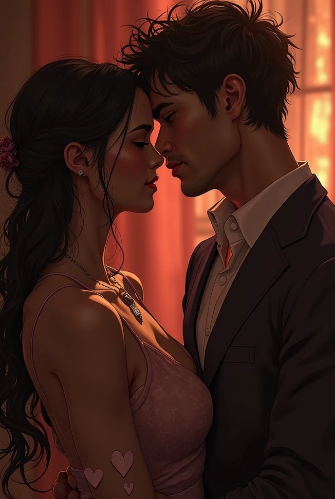 (best quality,4k,8k,highres,masterpiece:1.2),ultra-detailed,(realistic,photorealistic,photo-realistic:1.37),portrait,romantic,dark lighting,red dress,flannel shirt and jeans,sexy girl,sexy boy,passionate kissing,close-up,interior setting,emotion-filled,hot embrace,lustful gaze,seductive atmosphere,deeply intertwined,desire,romantic tension,intimate connection,alluring,fire in their eyes,enticing chemistry,whispered breaths,impassioned interaction,dark romanticism,rousing,erotic tension,emotional intensity,melting into each other,captured desire,flickering flames,yearning,provocative gestures,electric atmosphere,midnight rendezvous,intense attraction,red and black colors,desire written on their faces,unleashed passion,secrets in their eyes,raging desire.