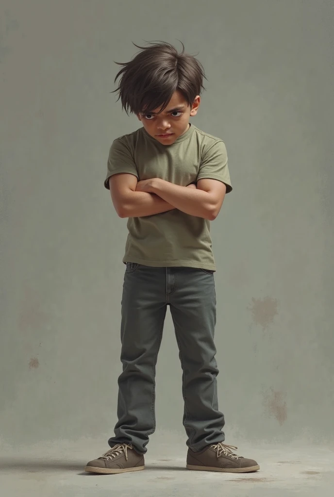 Dark-haired boy with curly brown hair and green eyes, with a green t-shirt and gray pants with green details and cool gray boots and green details