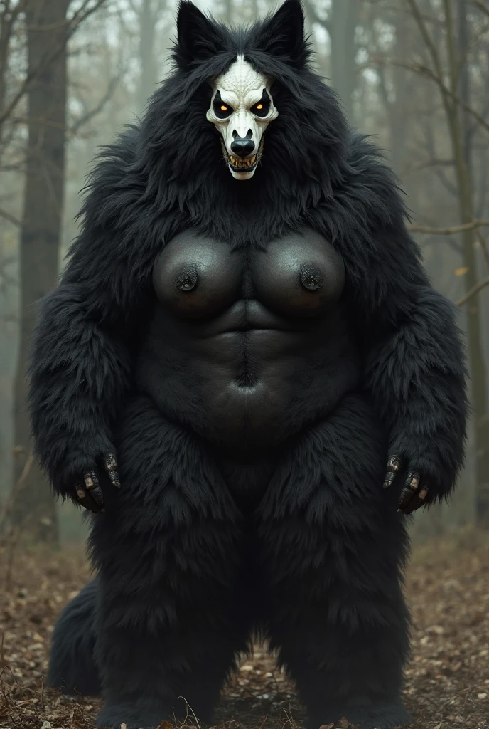 There is one adult character on this picture. The character is an athletic female grey wolf, grey fur, athletic character, athletic, yellow eyes, barefoot, digitigrade, paws, black pawpads, wolf hands, black claws, wolf tail, topless, female bare chested, bare chest female, black nipples, black areolas, visible black vagina, black vagina, visible black pussy, black pussy, nude, naked, nsfw. The character is peeing on the ground. The character is pissing on the ground. The character is urinating on the ground. Piss stream. Urine stream. Piss puddle on ground. Urine puddle on ground. The scene takes place on a pine trees forest. Pine trees forest on the background. Cloudy sky. fog. Fullbody. Full body. Camera front-view. Camera front view. Front-view. Front view.