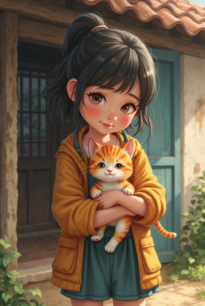 A -yeld gi Forest background. Storybook cover. Little forest animals happily surround the girl. Girls and animals with happy faces. Oil painting style. Fairyland forest atmosphere. Girl in jeans and white shirt. Black short hair. Joyful look. Adorable facial expressions. happy expression. Anime feel. The girl and the animals are in the middle of the painting. Make it look like there are a lot of forests at the top of the picture.