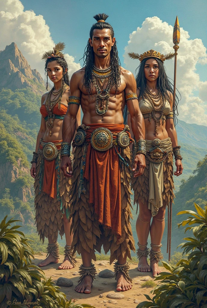 make three characters The Indian Iracema, with black hair and clothes of the Brazilian indigenous people, the Portuguese Martin, offwhite, with iron armor the indigenous Irapuã warrior, with black hair and clothes of Brazilian indigenous warriors