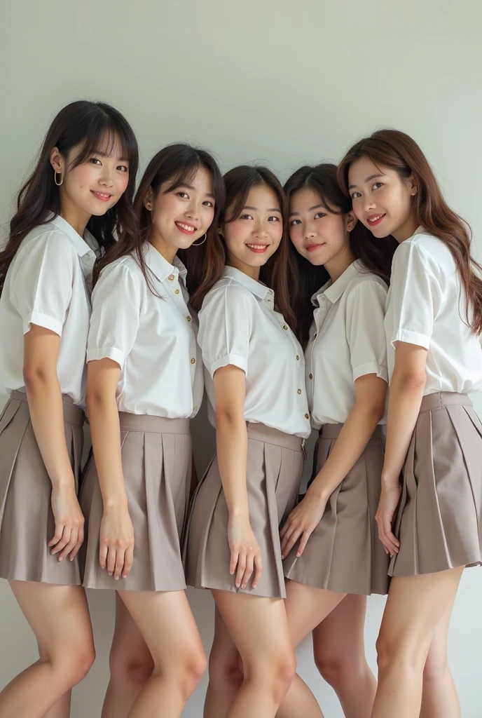 There are 10 beautiful female students: the first is a Thai female student, aged 18-19 years old, wearing a Thai female student uniform; the second is a Lao female student, aged 18-1, wearing a Lao female student uniform; the third is a Japanese female student, aged 19-20 years old, wearing a Japanese female student uniform; the fourth is aged 20-2, wearing a South Korean female student uniform; the fifth is aged 20-2, wearing a Taiwanese female student uniform; all of them are pregnant, standing and taking pictures, smiling beautifully.