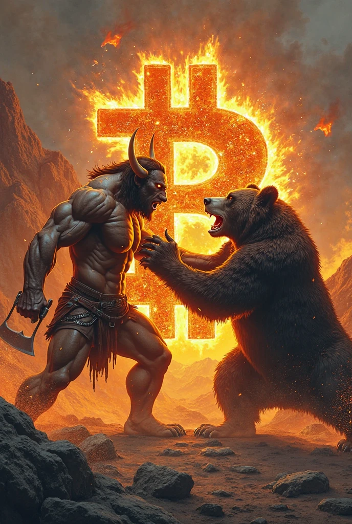 Full body caveman with Bitcoin coin in left hand 