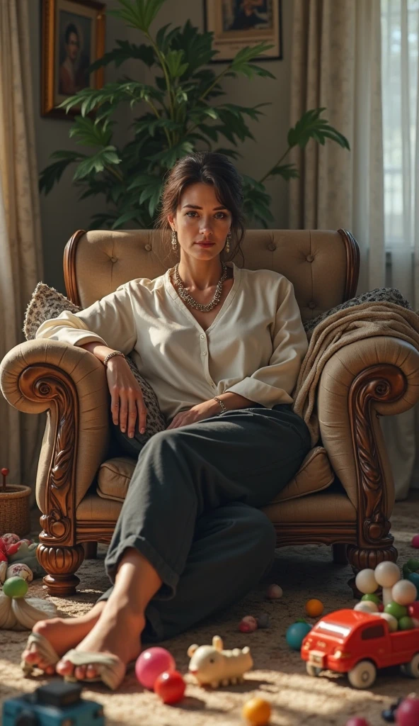 a woman sitting on an armchair, drinking tea, anxious expression, detailed facial features, soft lighting, muted colors, moody atmosphere, oil painting, cinematic composition, intricate details, photorealistic, high resolution, masterpiece