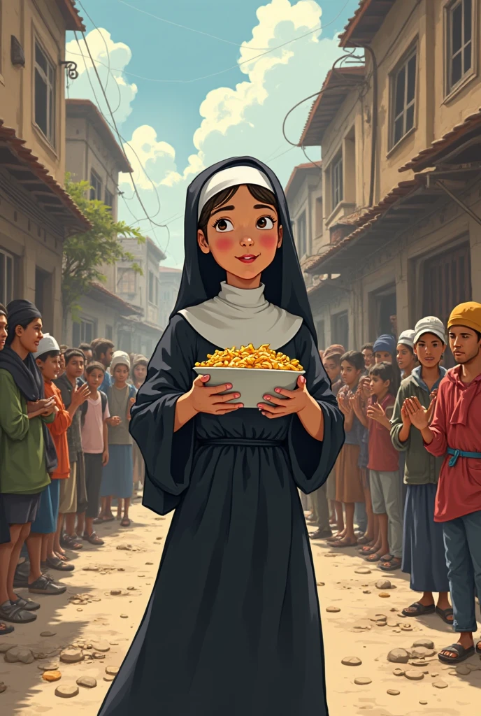 70 year old nun, smiling, black, short stature, with glasses, wearing a neck brace, dressed in a white habit and a smartwatch on her left wrist. She is distributing bread and soup to the homeless people lined up.