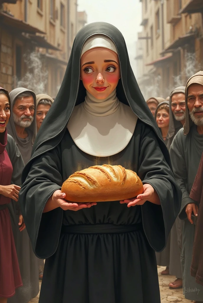 : Mother Clarita and the sisters deliver food and clothing to people in need in the community, with grateful faces around them. animated style