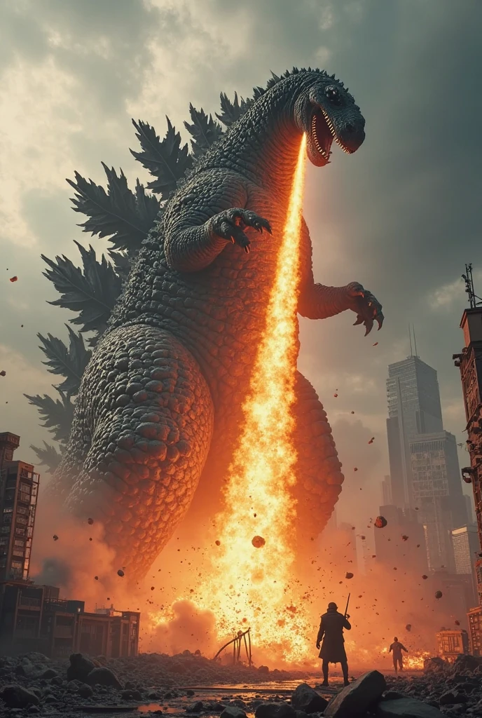 Godzilla, towering over Tokyo Tower, causes chaos as crowds scatter in fear. Buildings tremble and crumble as the Self-Defense Forces scramble to respond. Fighter jets fill the sky, unleashing missiles towards the monstrous creature. Intricate details of destruction and reality come to life through CGI, bringing a cinematic experience in 8k resolution. Low camera angle highlights the immense size of Godzilla, as onlookers witness the devastation from a terrifying proximity.