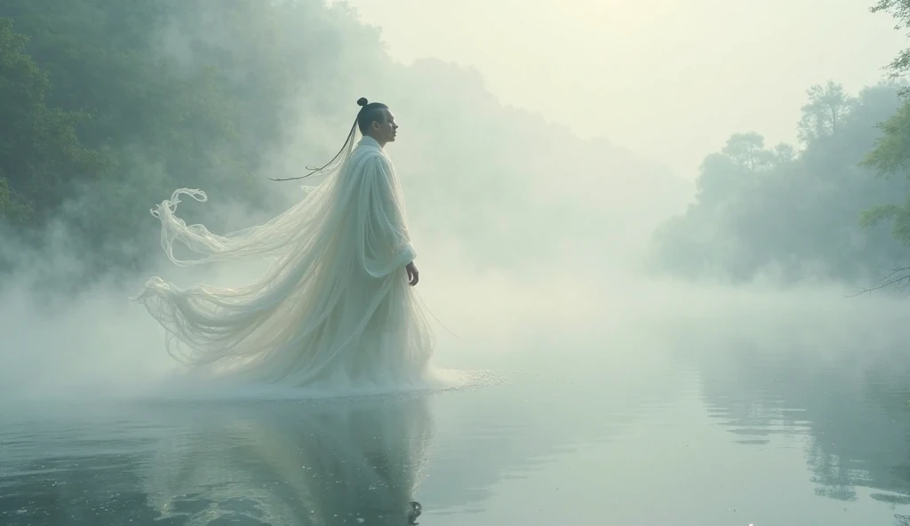 3D view, huge blue lake surface, a white skinned male suspended in meditation on the water surface, with ripples under his feet, perfect figure, handsome face, perfect abdominal muscles, perfect muscle curves, a handsome male dressed in Hanfu Xianfeng Daogu