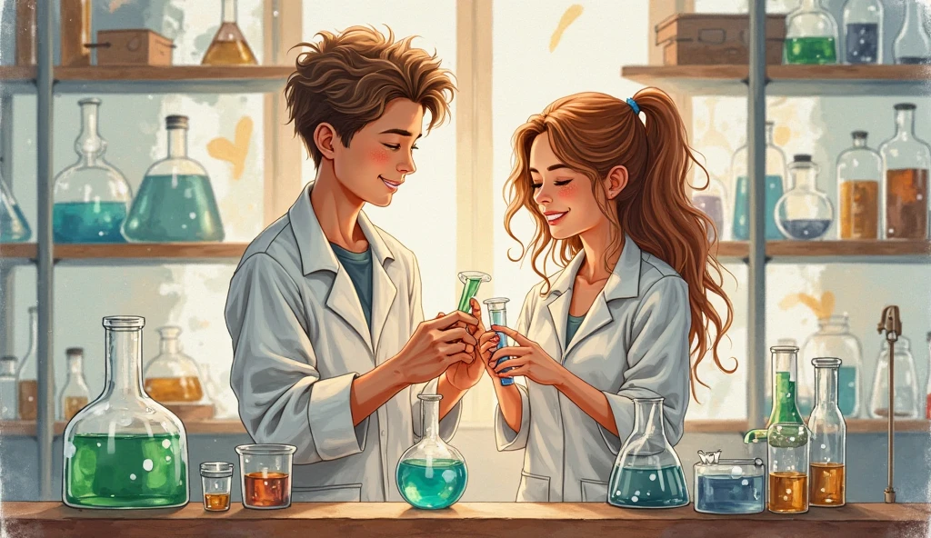 Disney style couple of a short girl with shoulder length wavy brown hair with honey colored eyes and glasses, lab coat and lab equipment with tall boy with straight unparted dark brown hair, brown skin dark brown eyes and glasses with lab coat  