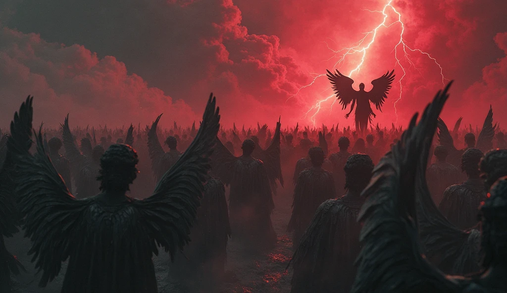 Give me an image that represents hatred, karo, dishonesty, irresponsibility and with 4 wounded angel warriors