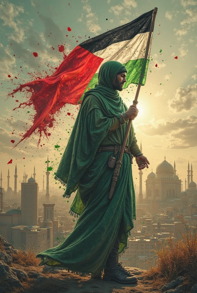 Create a high quality image  named of "Sakuna" holding his hand "Palestine and Pakistan Flags" in Israel War's 
