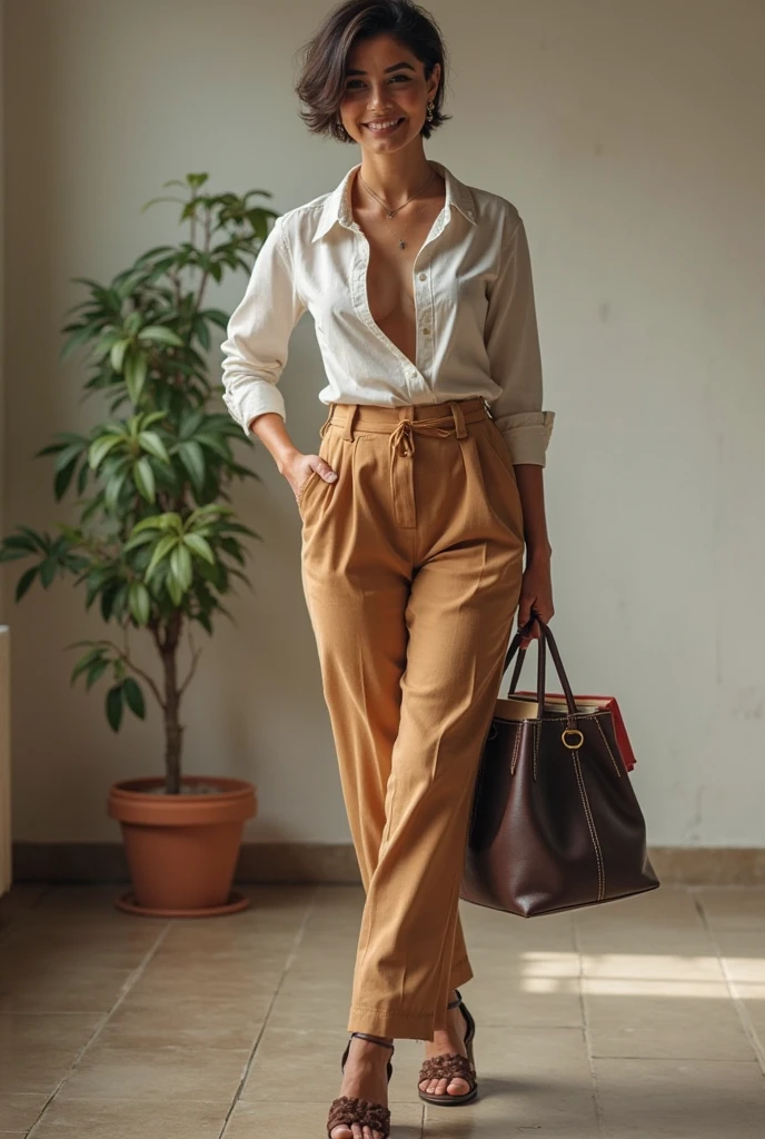 30 years old woman at exterior, dressed with a white shirt and red trousers, holding a brown bag, sunny, sun,
