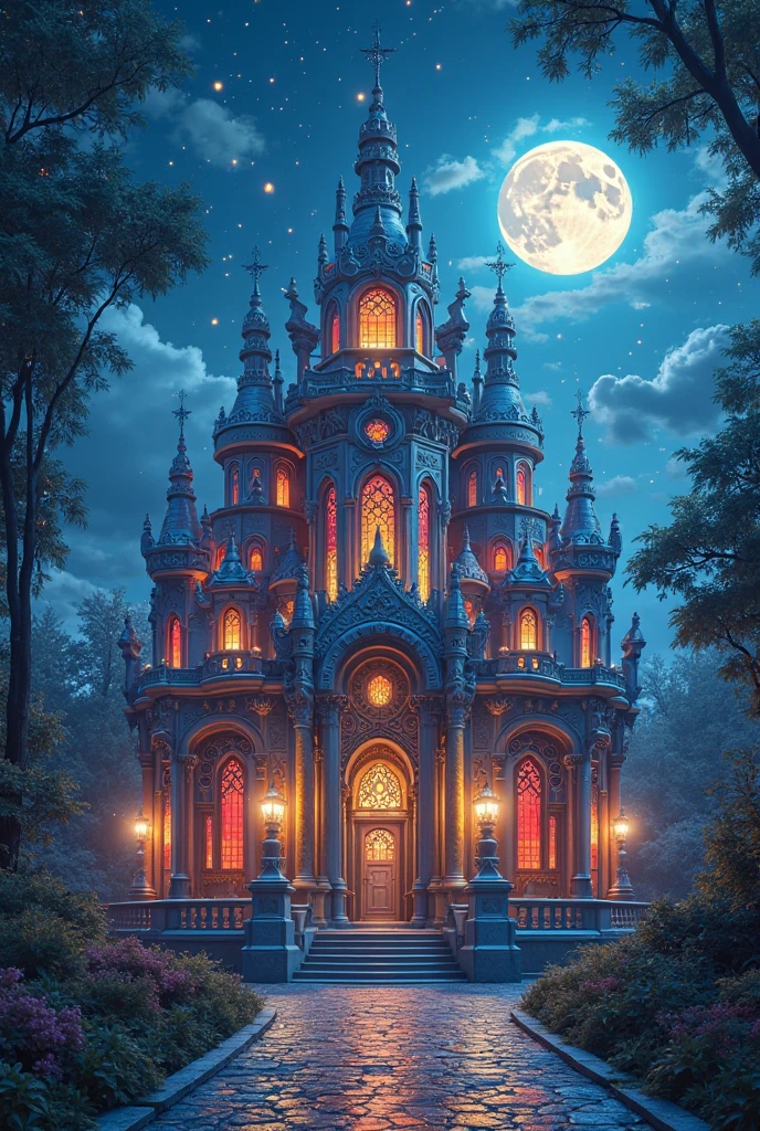 Ultra realistic, RTX, ray tracing, amazing quality, masterpiece, best quality, hyper detailed, ultra detailed, UHD, depth of field, Russian village house on pillars stands in the middle of a forest edge, night, the moon is shining brightly, tower, a medieval tract linking elegies and cognomen, birds, animals