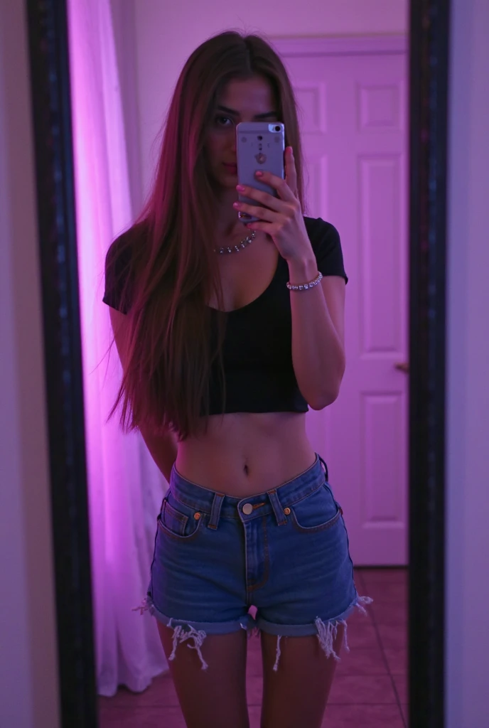 Expand the given image to show the full body of the girl taking a selfie in front of a mirror. She has long brown hair, a septum piercing, and is wearing a striped, cropped tank top with a layered necklace. Ensure the full body is visible, including denim jeans and casual shoes. Maintain the bathroom setting with neutral colors and basic fixtures. Avoid adding any extra fingers, limbs, or any distortions. Keep the appearance natural and consistent with the original image