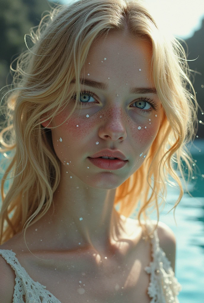 (sharp focus:1.2), photo, (a 18 year old girl), (beautiful detailed face:1.2), detailed eyes, inquisitive eyes, long ginger hair, (freckles), (beautiful skin), in the sea, ((inmersed in water up to her chin)), (wide angle), ((sunset)) , (looking at viewer), faint smile, clear water,<lora:anyaTaylorJoy_anyaTaylorJoy:1>