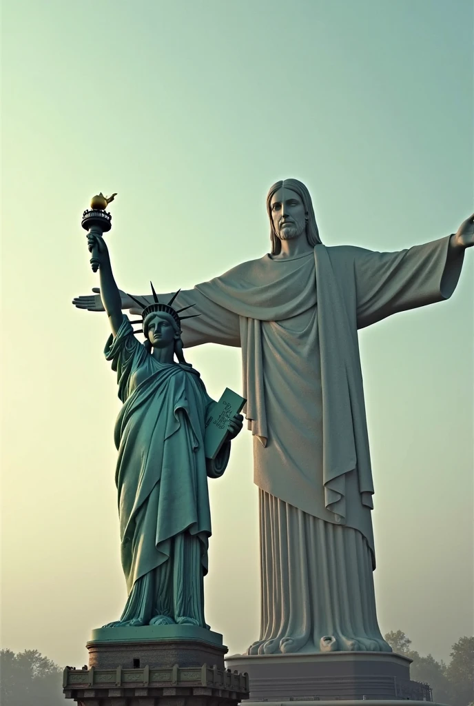 The statue of liberty and Christ the redeemer statue coming to life and walking next to each other moving towards the camera 