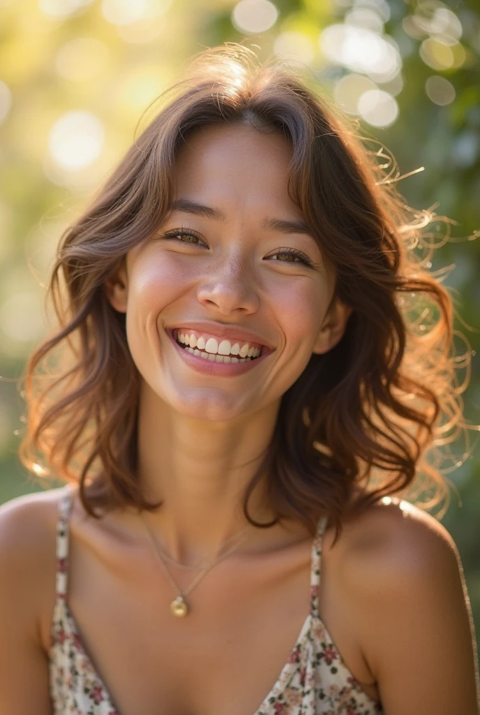 une femme, Au parc, journée ensoleillée, robe d'été orange, BRUT, UHD, 8k, (fermer:1.1), tête, Visage très détaillé, des yeux magnifiques