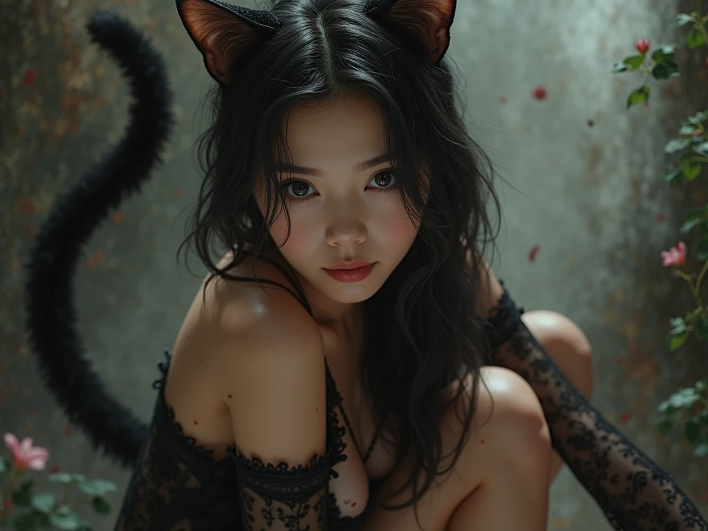 full body image,Wide angle shot,There is a lot of light.,Lao girl,long hair,Flat stomach,Big breasts, cup E,100 cc milk,naked,White room,short hair,There are many cats.,lying on the sofa,Holding a spider to cover the chest,Cat sleeps on genitals