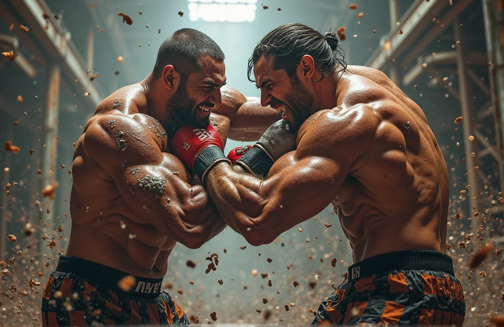 Cinematic Snapshot, (Two shirtless men in the ring, Fights without rules, A tense moment, fight for the mankind moment, active action, 2 senior muscle beard men are beating each other abs brutally (black hair and brown hair), bloody fight scene, bruised on their muscles, manliness fight, cinematic quality, movie lighting, high resolution, Maximum photorealism, maximum definition, extremely manly fight atmosphere, perfect muscle anatomy, perfect boxing choreograph.