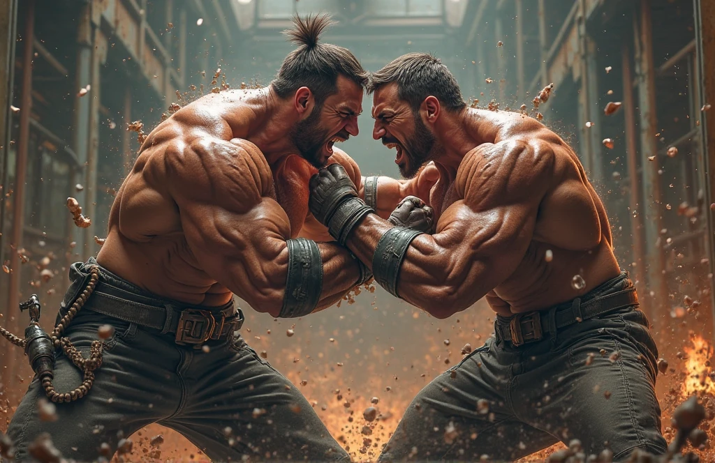 Create an image of Sylvester Stallone from the movie Falcon:the Champion of Champions arm wrestling with Arnold Schwarzenegger