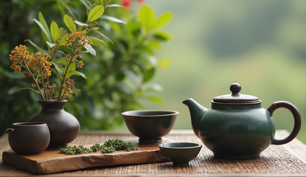 Longjing tea,and tea sets,Make tea together,16K HD,depth of field,Aperture F4,blurred background,view,high dynamic range