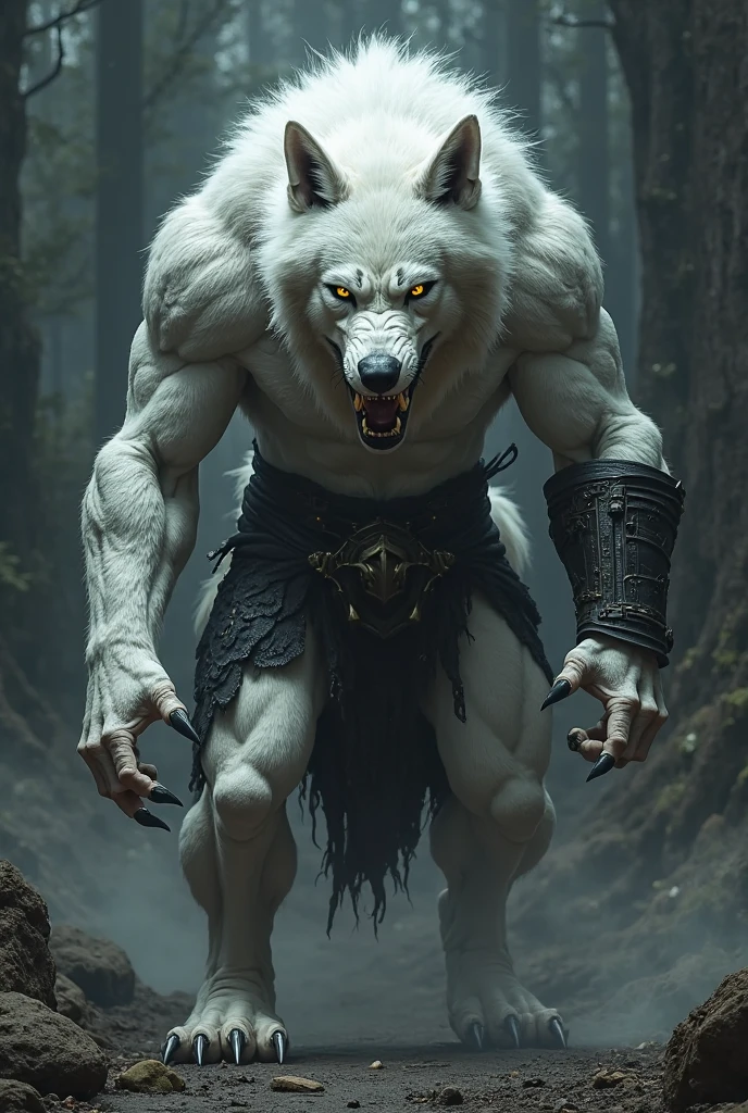 The white human body cat warrior killed a black human body giant dog who laid on ground by his sword
