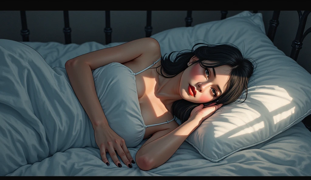 (Best quality, 8k, 32k, masterpiece, UHD: 1.3), (photo of attractive Japanese woman), 1 girl, (oversized: 1.2), (short wavy hair), abs, perfect figure, ultra-detailed face, detailed lips, fine eyes, double eyelids, nude, in bed, (alluring), ((arousal: 1.5)), (areola slippery))
