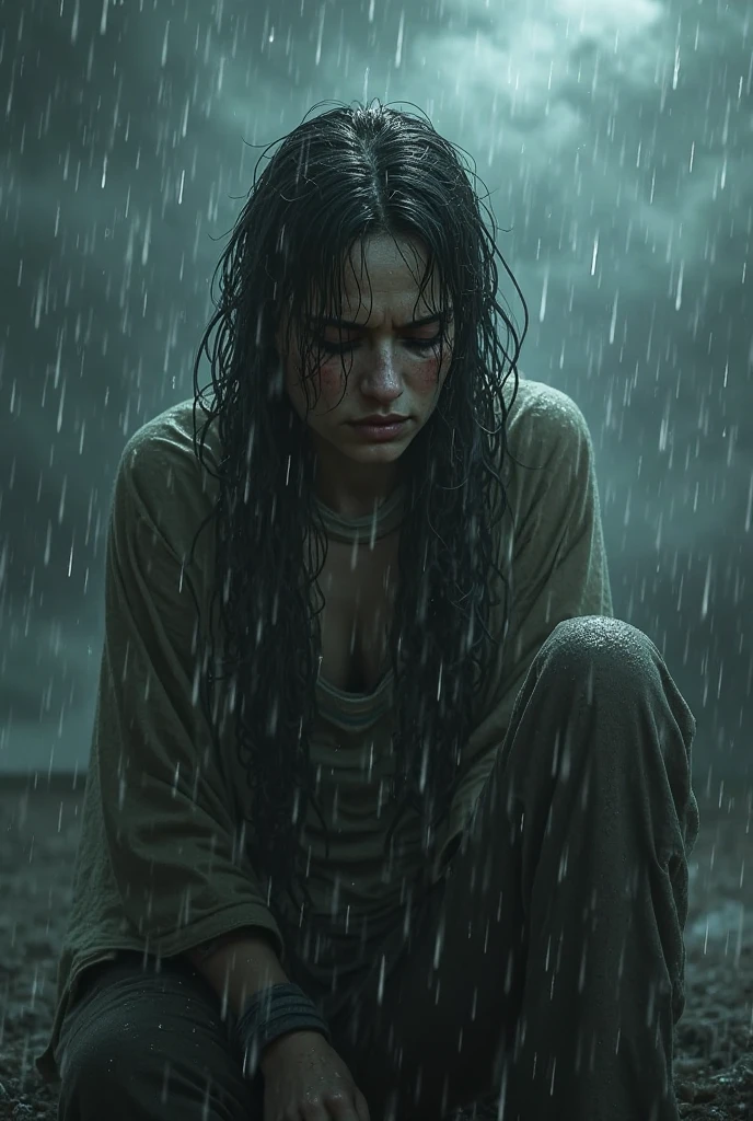best image quality, masterpiece, ultra high resolution, (fidelity :1.4), photograph, 1 girl,[(sorrow)],white shirt, 薄dark, dark, Desperate, pity, pitiful, cinematic,tear,teardrop,(torn clothes:1.5), (wet clothes:1.4), bare shoulders,real rain,wet hair,..
