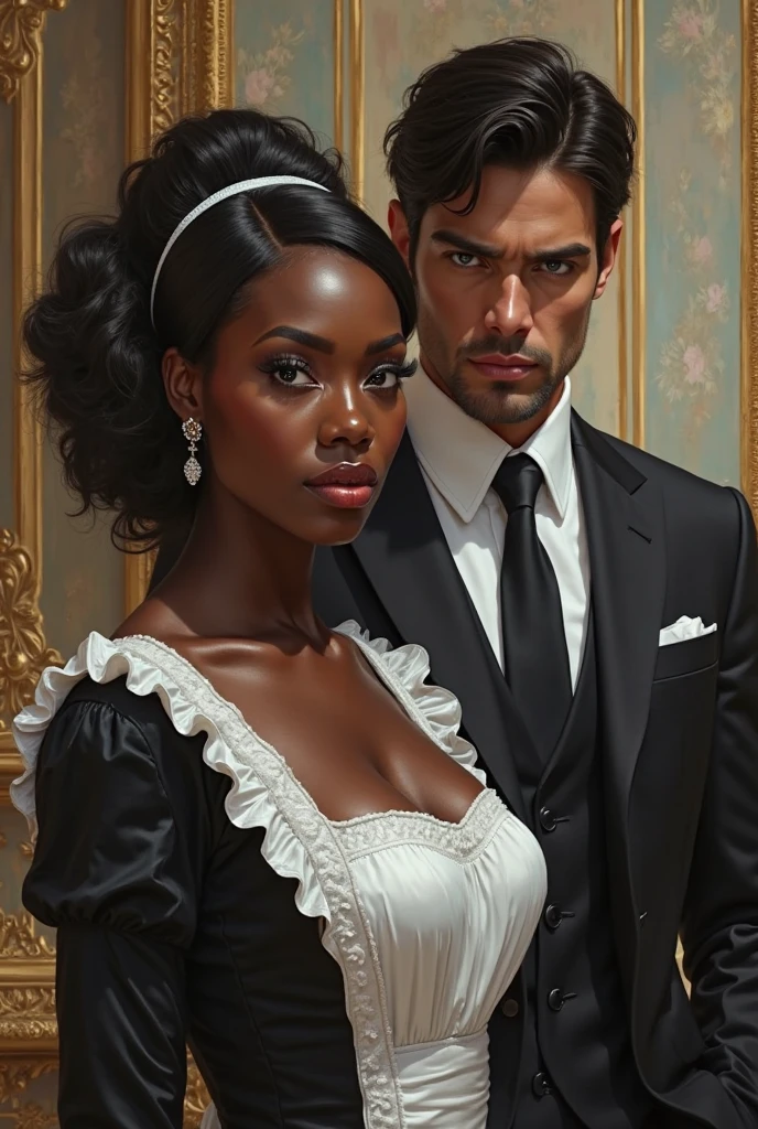 epic realistic, (best quality, masterpiece), Black princess woman with culy hair, dancing with her young European boyfriend who has white hair, medieval, fantasy,black woman, white boyfriend, black woman, white man, black woman, white man, black skin woman, white skin man, white hair man, black hair woman, white cape color man, hair color woman black, couple, romantic  cinematic, perfect composition