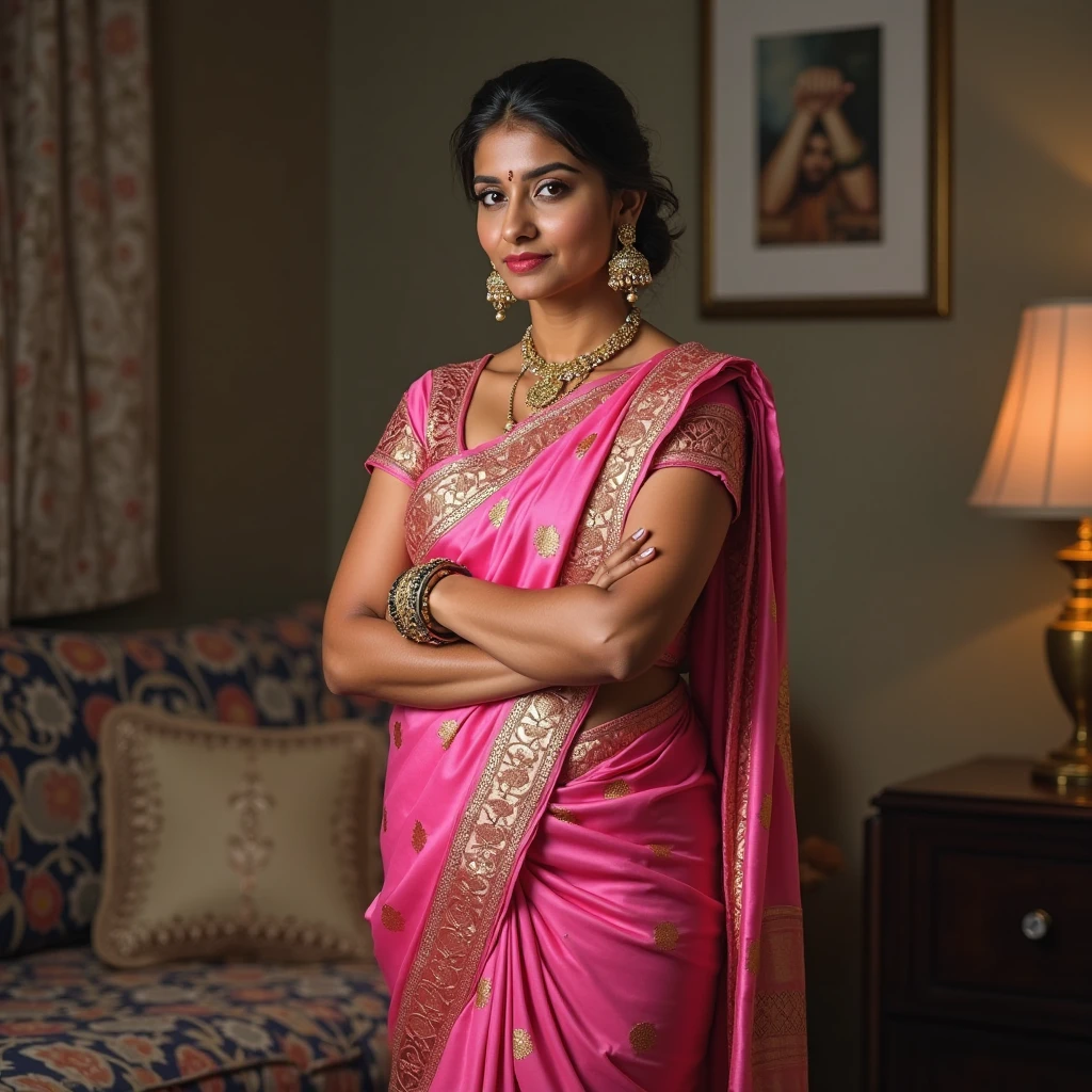 woman in pink sari standing in front of a door, dressed in a sari, wearing sari, wearing a sari, wearing traditional garb, traditional dress, 3 0 years old woman, 30 years old woman, traditional clothes, around 1 9 years old, traditional clothing, dressed with long fluent clothes, vastayan, traditional costume, idian dress