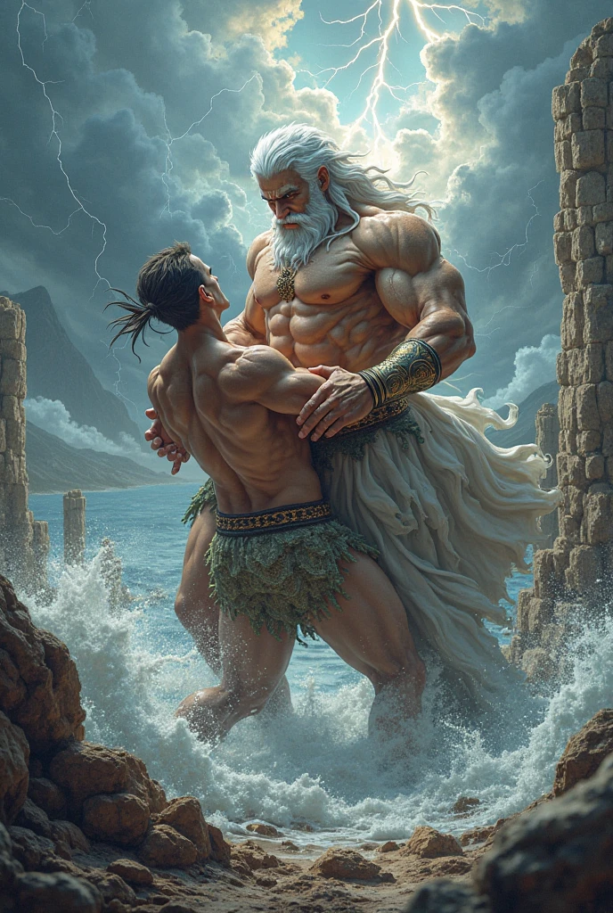 Hyperrealistic image of an African warrior fisherman hugging a Neptune superhero man with gray hair and very long hair very old and very sweaty bodybuilder over 80 years old.. very muscular and fat. He weighs more than 200 kilos with a naked torso, large flabby pectorals brown nipples and big gray mustaches with huge tattooed arms sitting on a rock in the middle of a stormy sea dressed in a skirt of seaweed conch shells and starfish