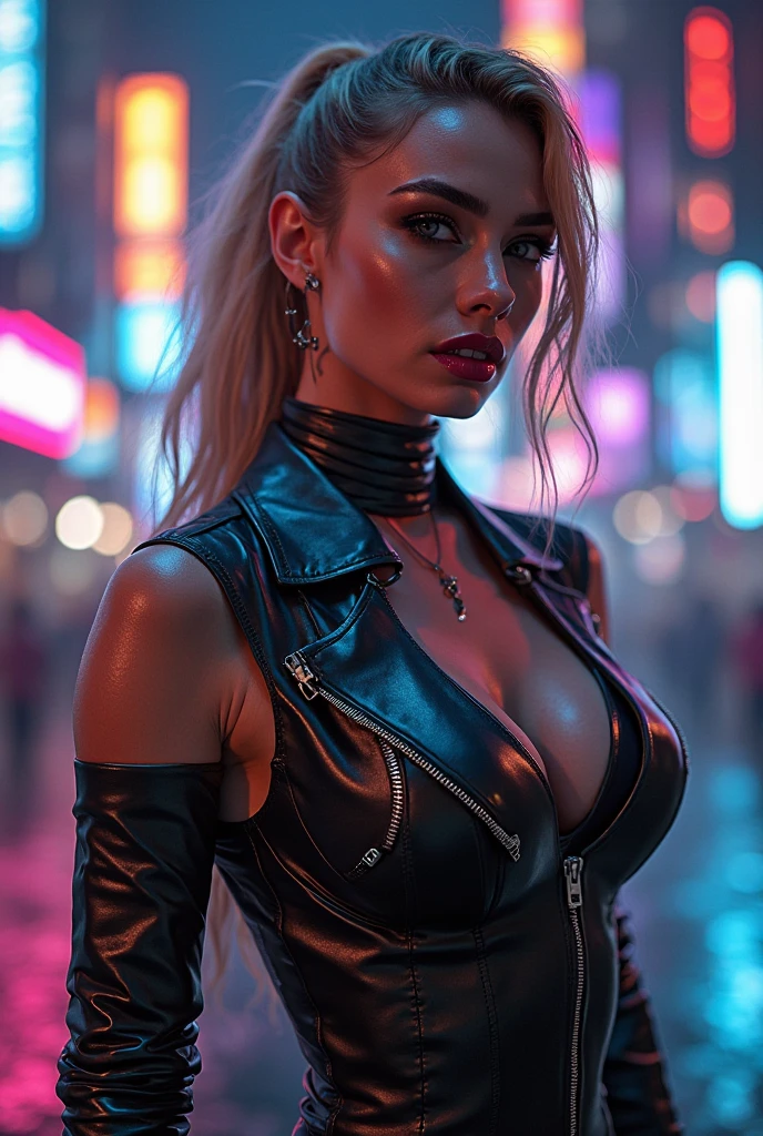 An ultra-realistic CG illustration of an jess nigri woman with a piercing gaze and bold makeup. She's wearing a leather jacket with a crop top, and her long blond hair is styled in a sleek updo.