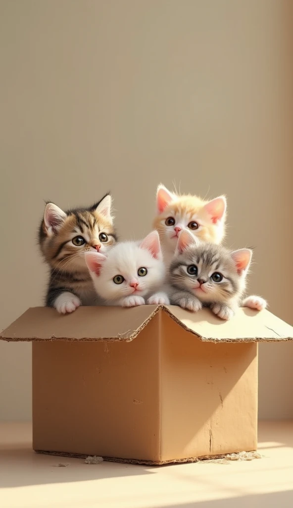 photo real, a few kitty is in cardboard box