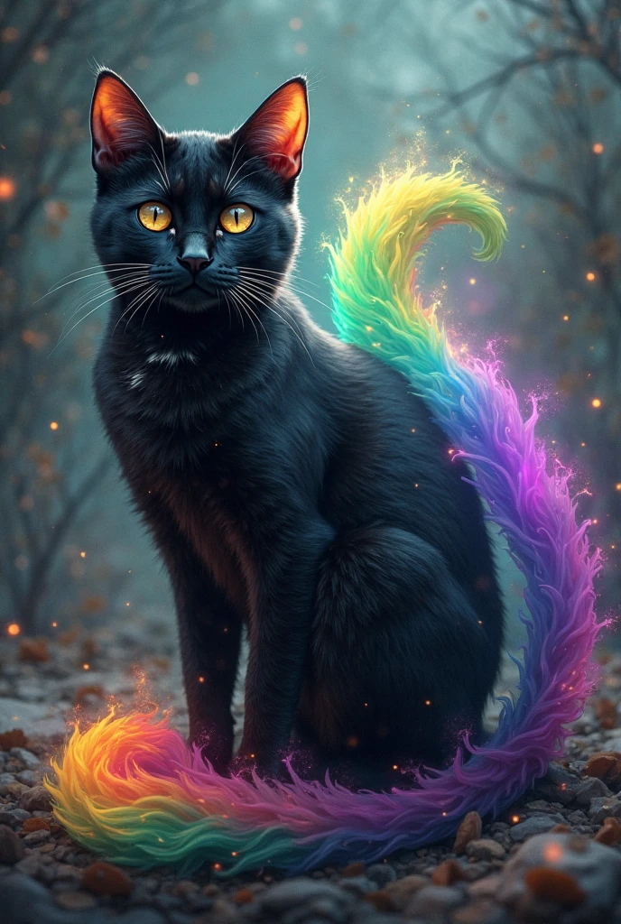 a painting of a colorful kitten on a black background,, breathtaking rendering, within a radiant connection, inspired by Kinuko Y. Craft,, magical elements, kitten icon, wow, is beautiful, casting a multi colorful spell, bright flash, flash
