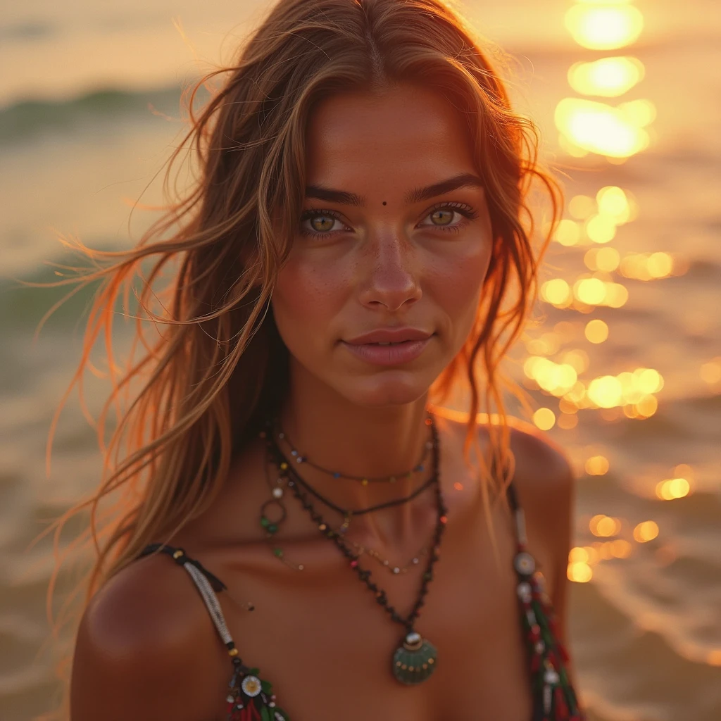 (Highest quality:1.2), One person, Sweat, Cowboy Shot, Fortune Bikini, jewelry, Belly button piercing, Tongue Piercing, Sticking out tongue, cute, sunset, relaxed,