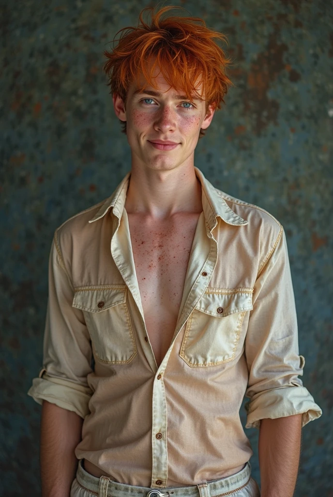 france man, red curly hair, sitting on the table, smile, naked, view in the table