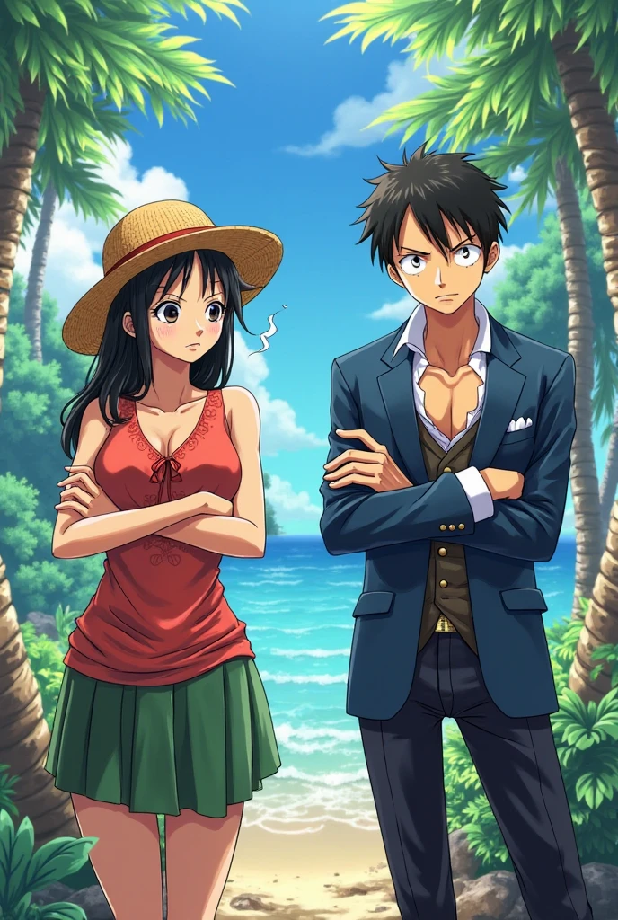 masterpiece, best quality), intricate details, 1 girl, woman, black hair, straw hat, monkey d luffy\ (one piece\), scar on face, (long hair), shirt, white shirt, female focus, clothes, collared shirt, pants, cape, black coat, shirt, scar, sandals, pectorals, partially unbuttoned, cleavage, black coat on shoulders, nature, scenery, upper body, straw hat,

((front view)) 