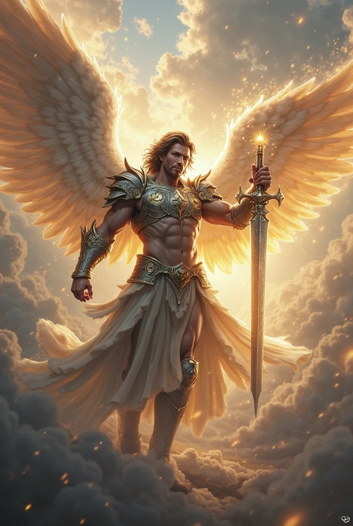 Make a male angel with a sword on his back