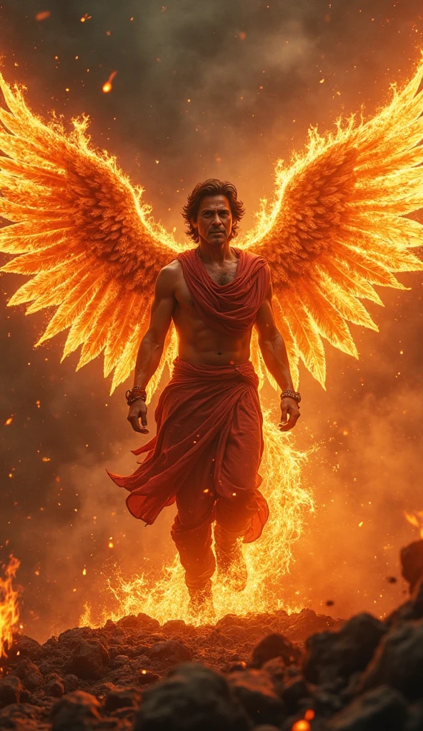 (best quality,4k,8k,highres,masterpiece:1.2),ultra-detailed,(realistic,photorealistic,photo-realistic:1.37),man with phoenix wings on his back,fire surrounding his fist,feathers,captivating expression,flaming wings spread wide,Fiery light,cinematic mood,dramatic angle,heroic stance,mythical creature,sculptural details,radiating power,celestial aura,vibrant color palette,scorching flames,epic fantasy,mythological hero,heroic mythology,combustible energy,luminous heat,dynamic movement,high-contrast lighting,archetypal figure,detailed feather texture,mythical symbolism,fiery trails,embodying strength and grace,vividly glowing embers,powerful presence,extraordinary supernatural ability,astral fire,enduring power and rebirth,fiery spirit,awe-inspiring spectacle