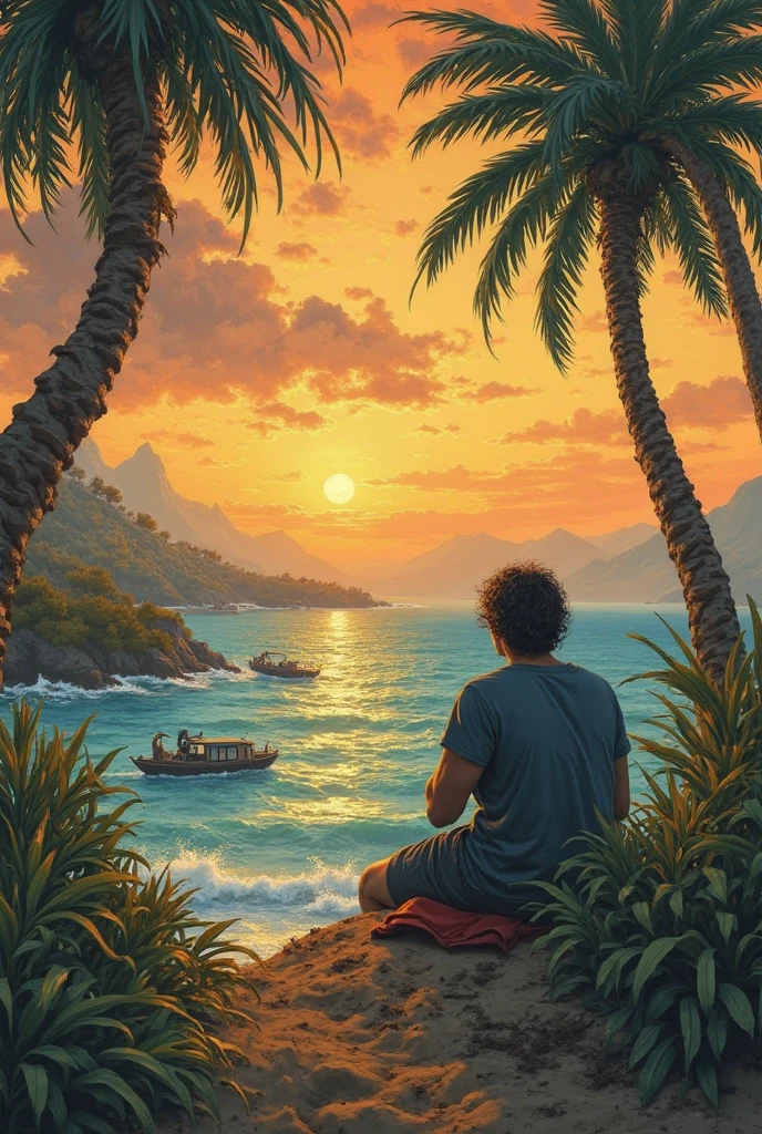 Watercolor style art in the style of Bruce Weberf and Peter Paul Rubens, coastal view, a 25 years old latino man is siting by the Riu watching the floor rice in the background, Riu, mountainscape, floor, Clouds He is wearing sandals slippers, Dramatic, Peaceful scene high quality masterful still life painting, oil painting, vibrant rich colors, atmospheric perspective, DeepL, illustration, details Intricate, ultra-high resolution, sharp details, sharp focus, Macro photography by Miki Asai with 8k resolution, whole body, hyper detailled, trends on ArtStation, sharp focus, studio photo, details Intricate, highy detailed, por Greg Rutkowski ,Go_Pokémon,