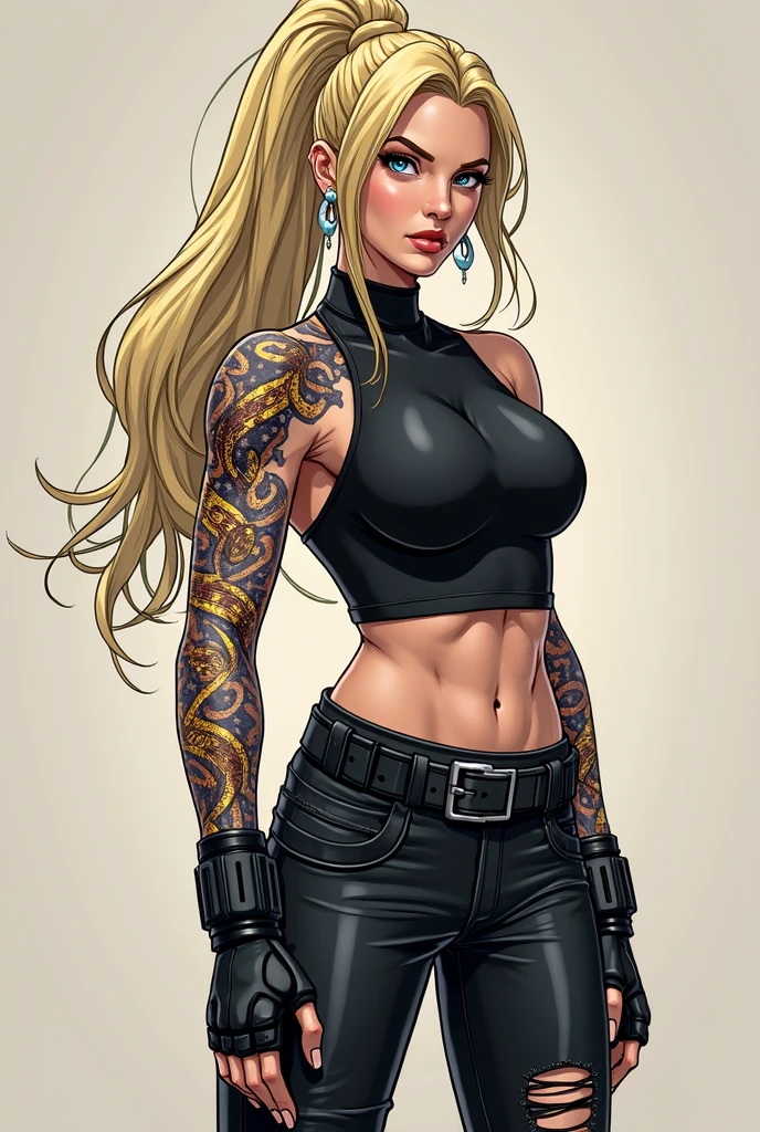 In the anime bleach style with clothing A tall and statuesque, pale skinned woman with composed pale grey eyes, a stubby nose, a square face and angled lips. She has wavy, long blonde hair, has a large scar on her right arm, has an expressive tattoo on her stomach, wears light eyeliner, and she seems disciplined and is r with her leggings are leather she is muscular showing leveage she larges tits and leather jacket she is in suggestive posing
