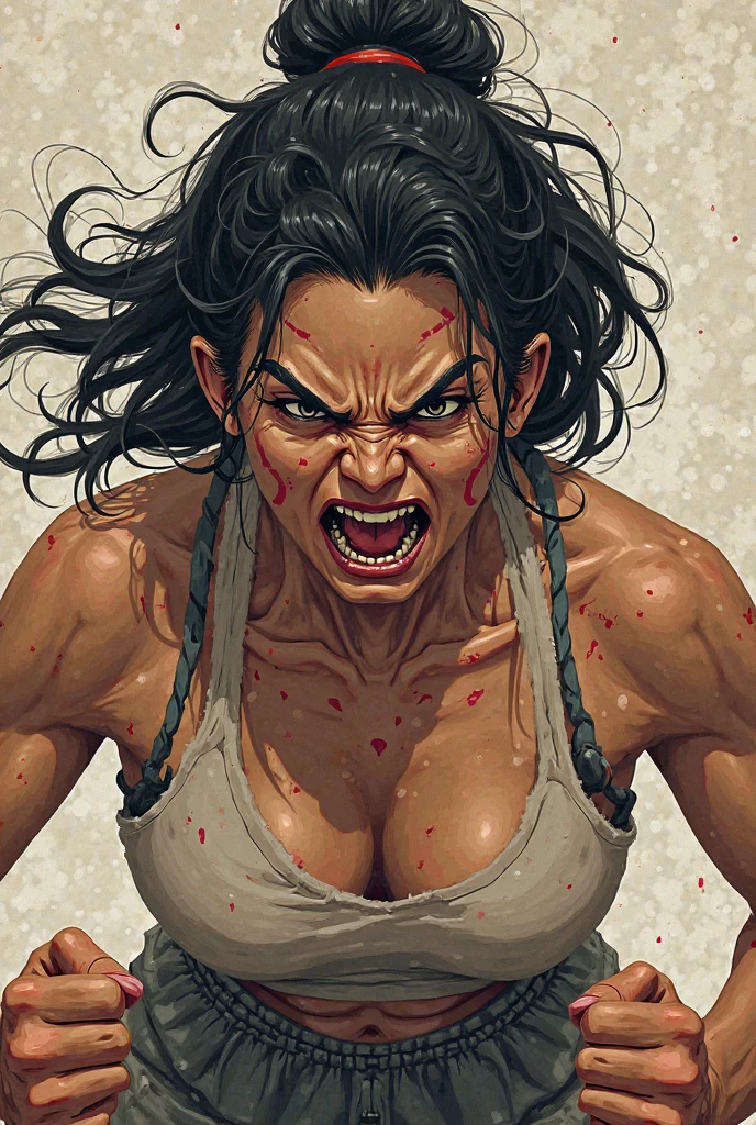 Real human female wolverine with sharp claws , mad and sad face, Fair looking, dark thick hair, round face, average size dot on the forehead and bit chubby curvy , big and muscular. Not cartoon