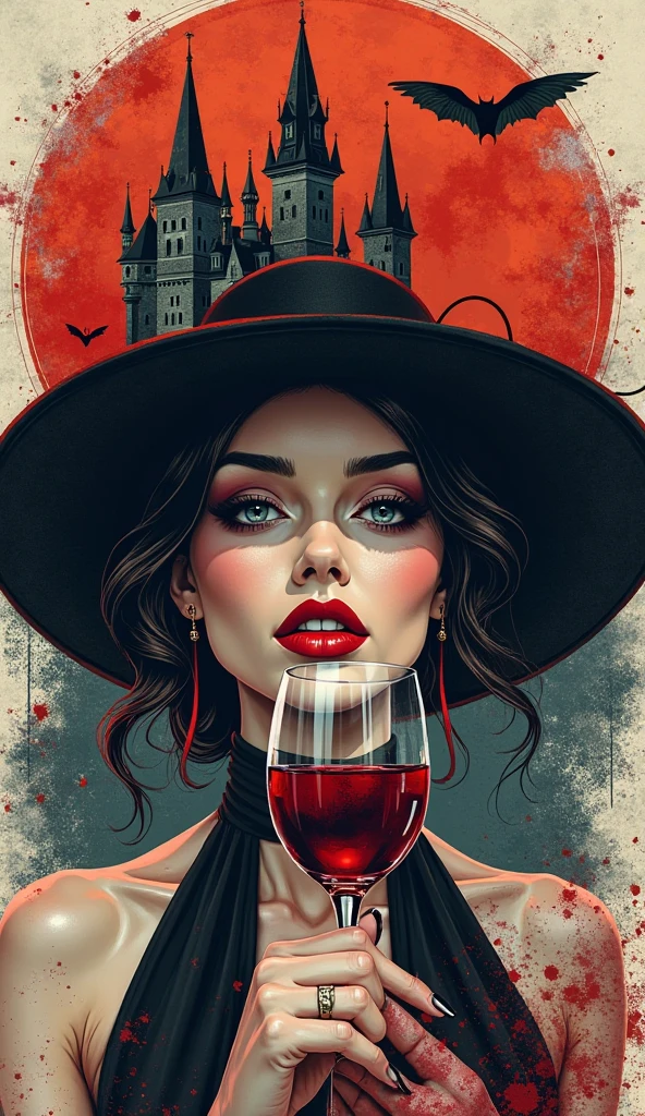 Wearing a black hat、Wear a black dress、Araf woman holding red object, red mood in background, Share photo, red background, Poster shoot, red background上, moody::Alejandro Jodorowsky, close up肖像拍摄, author:Alexander Jimsky, close up, Red Hat, female death holding cocktail, Still photos