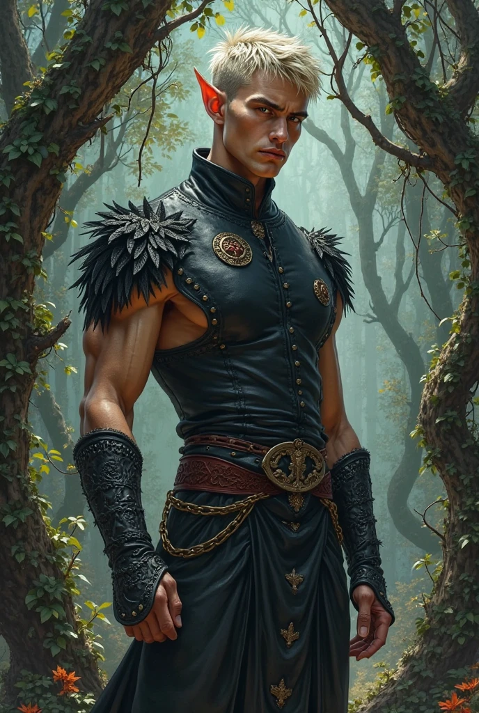 Homem, jovem, bonito, green eyes, bronzeado,  red hair, musculoso, defined in a slender way, fantasia dark medieval, with more details in the image 